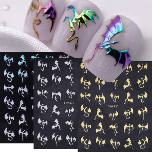 Halloween Nail Art Stickers Gothic Dragon Nail Art Decals 6 Sheets 3D Self-Adhesive Dragon Nail Design Decals Gold Silver Nail Stickers for Women Halloween Nail Art Supplies DIY Manicure Supplies - color: Halloween Style11