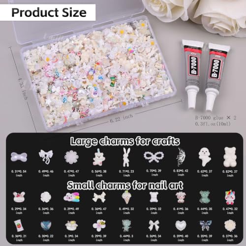 2000Pcs White 3D Nail Charms and Gems Set Random Cute Nail Art Decorations - color: White