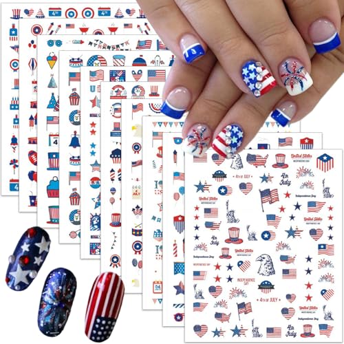 10Pcs 4th of July Nail Stickers Patriotic Nail Decals Independence Day Nail Art Stickers American Flag Stars Eagle Fireworks Heart Nail Design Supplies Memorial Day DIY Nail Decoration for Women Girls - style: independence day-1