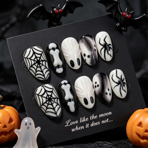 Halloween Press On Nails Short Almond Fake Nails Black White Spider Web Bone Design Spooky Halloween Nails 3D Ghost Acrylic False Nails Reusable Goth Stick On Nails for Women Manicure 30Pcs - color: special Halloween-14