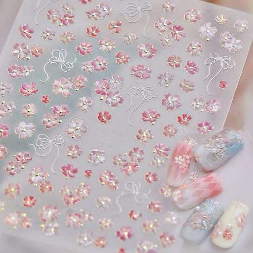 5D Embossed Pink Small Flowers Nail Stickers for Nail Art Self-Adhesive White Bow Nail Decals Spring Flowers Nail Design Stickers with Gold Stamen Nails Supplies Cute Nail Art Decals for Women DIY - style: 5D Embossed Nail Stickers-6
