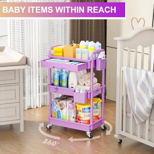 Goovilla 3 Tier Rolling Utility Cart Organizer with Removable Drawer,Purple - size: 3 Tier, style: Purple