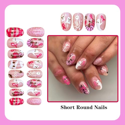 Halloween Press on Nails Pink Short Oval Fake Nails Almond False Nails - color: Style 3