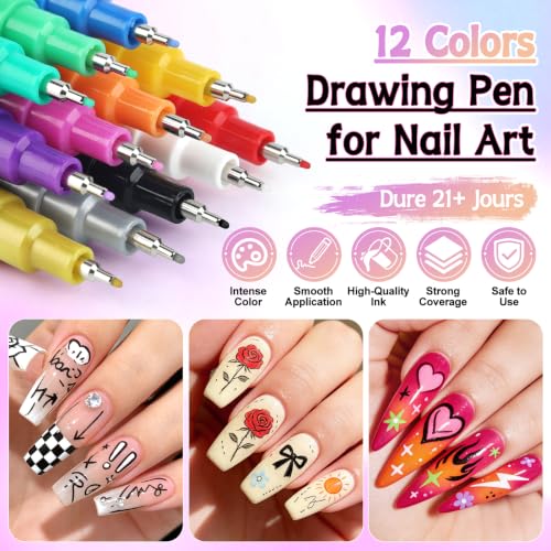 12 Colors Nail Art Pens Set, TOROKOM Nail Art Markers 3D Nail Polish Pens - color: 12 Color-B
