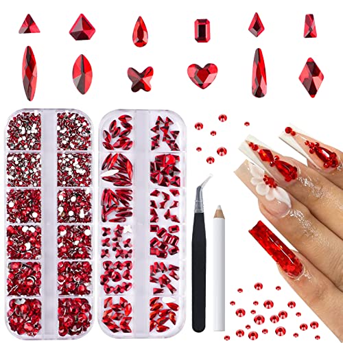 Canvalite 2518Pcs Nail Rhinestones Gems, 12 Styles 3D Glass Red Crystals Charms Shiny Multi Shape Flatback Rhinestones with Gems Picker and Tweezers for DIY Nail Art - color: Red, size: 12 Styles