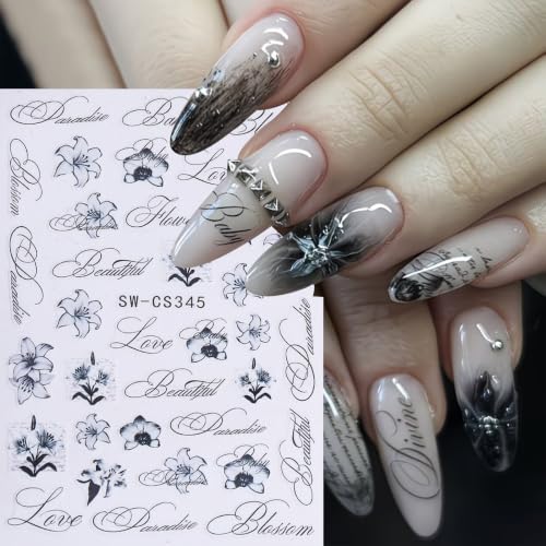 Gradient Lily Flower Nail Stickers with Gothic Letter Art Designs - color: Multicolor-07