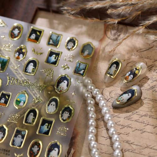 1 Sheet Retro Halloween Nail Stickers 5D Self-Adhesive Engraved Retro Picture Frame Ghost Nail Decals Flower Ghost Pegatinas Uñas Gold Spider Web Bats Nail Supplies for Women Nails Decorations - color: Flower Ghost