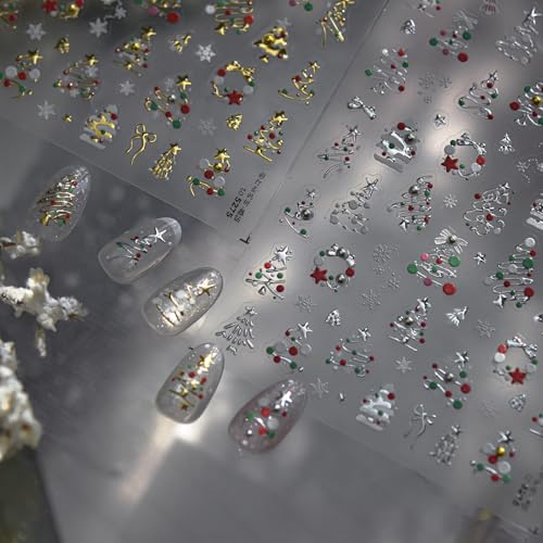 1 Sheet Christmas Nail Art Stickers Golden Xmas Tree Nail Decals with Rhinestone Star Bow Christmas Tree Nails Design Winter Xmas Nail Design Nail Supplies for Women DIY Holiday Manicure Decorations - style: christmas lines