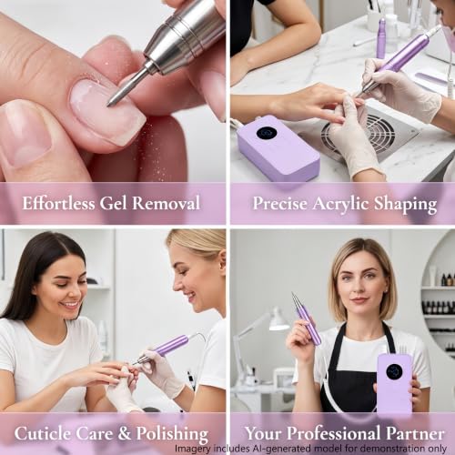 Corded Hollow Cup Nail Drill,40000RPM Quiet Professional E File - color: Purple
