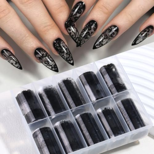 10 Rolls Black Lace Nail Foils Mixed Styles Lace Flowers Transfer Stickers - color: Black Lace Ls04