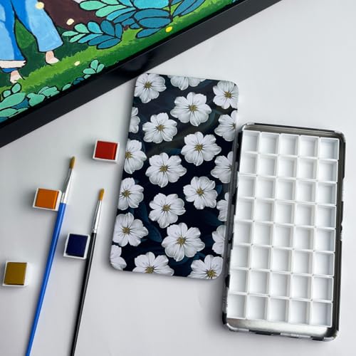 FCLUB Metal Watercolor Palette with 40Pcs Empty Half Pans and Magnet Strip - color: White Flower, size: Pack of 40 Half Pans