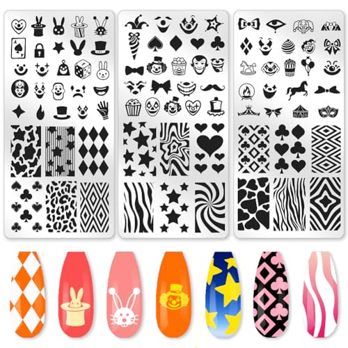 benikmake 3pcs Clown Nail Stamping Plate Nail Printing Stainless Stencil for Manicure Salon Poker Element 6x12cm 2.36x4.7inch - color: Clown