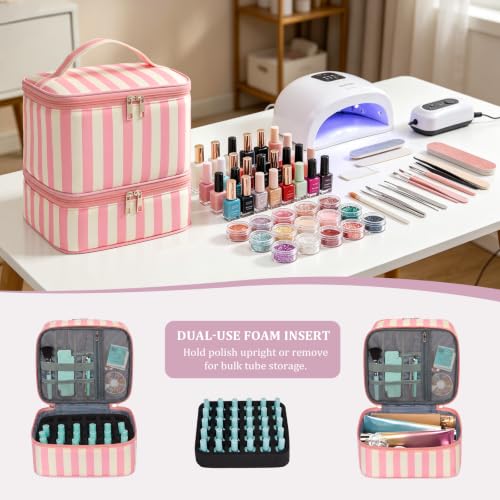 Striped Nail Polish Organizer Bag Nail Supplies Organizer Holds 30 Bottles Nail 2 Layers Nail Kit Storage Case - color: Beige and Pink