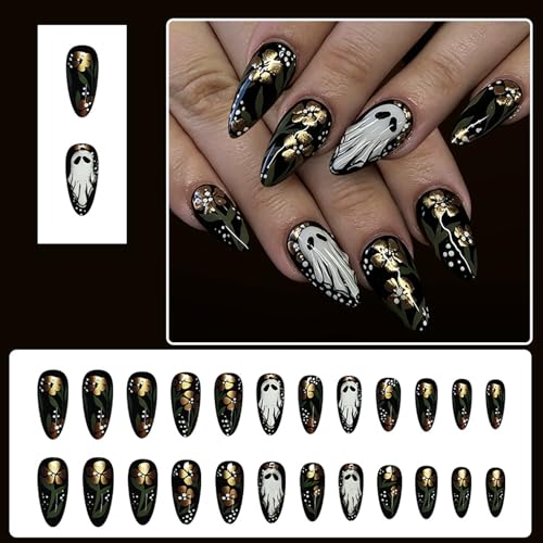 Halloween Press On Nails Medium Almond Fake Nails Holiday Stick On Nail Press Ons With Ghost Gold Flower Design Acrylic False Nails Glossy Glue On Nails For Women - color: Halloween nails-8