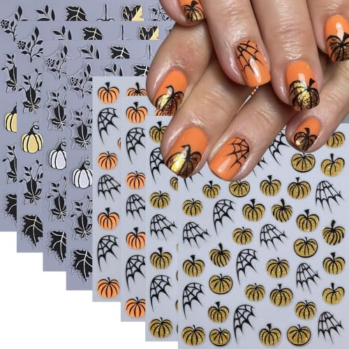 8 Sheets Halloween Pumpkin Nail Stickers 3D Self-Adhesive Spider Web Nail Decals Black Maple Leaf Glitter Pumpkin Nails Design Cute Spider Nail Supplies Manicure Sticker for Women Holiday Decoration - style: spider web