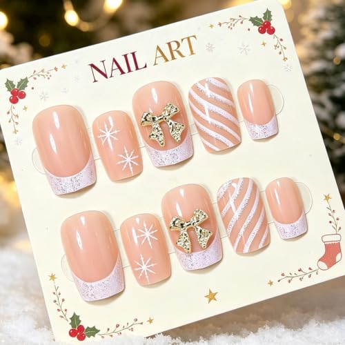 French Tip Press on Nails Short Square Flower Design - color: Pink White-24