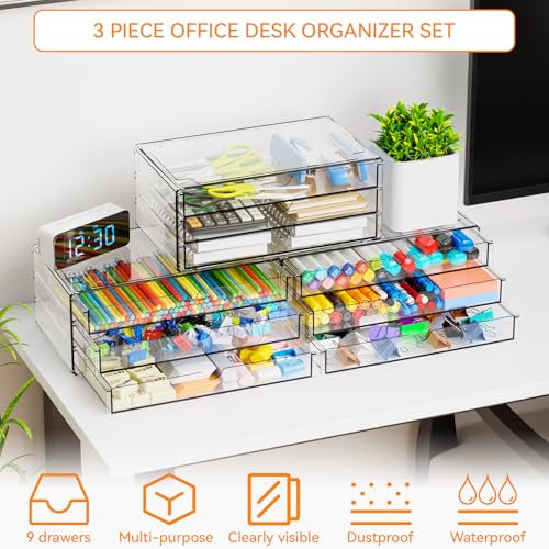 Yieach 11.1 Inch Long Clear Drawer Organizers Stackable,3 Pack Small Acrylic Drawers,School,Office Supplies Organizer And Storage Bins for Stationery,Marker,Pen,Pencil,Craft Desktop Storage Drawers - size: 9 Drawers-10.1 In Long