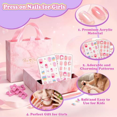 144 Pcs Press on Nails for Kids, Girls Fake Stick ons Acrylic Nails Gift Set
