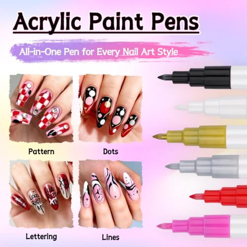 12 Colors Nail Art Pens Set, TOROKOM Nail Art Markers 3D Nail Polish Pens - color: 6 Color-A