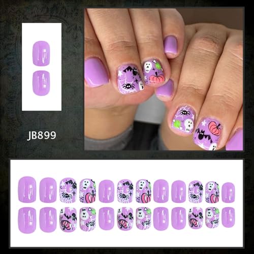 Halloween Press on Nails Short Square Fake Nails Purple Nails Press Ons with Ghost Bat Pumpkin Designs Acrylic Nails Full Cover Glossy Stick on Nails Cute Bat Glue on Nails for Women 24Pcs - color: Purple-7