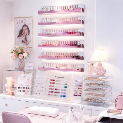 15" Nail Polish Wall Rack 6 Pack, Wall Mounted Organizer Holds 66+ Bottles - color: Rose Red-polished
