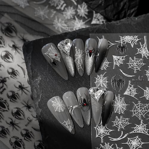 Halloween Nail Stickers for Nail Art Spider Web Nail Art Stickers Cobweb White Black 5D Embossed Nail Decals Self-Adhesive Nails Supply Manicure Sliders for Nails Decoration - color: Halloween Style6