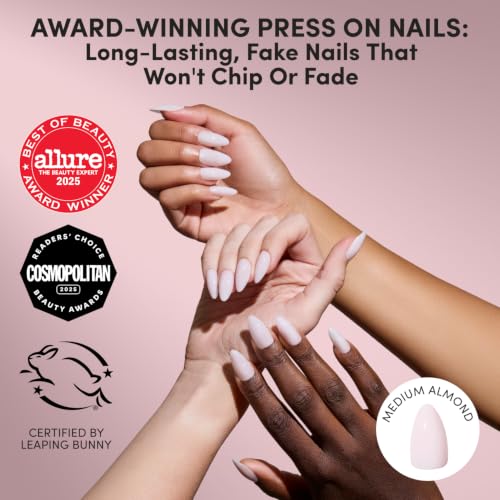 Glamnetic Press On Nails - Medium Almond, Glossy Fake Nails 30 Pc Full Kit - color: 1E - Blush Blanket
