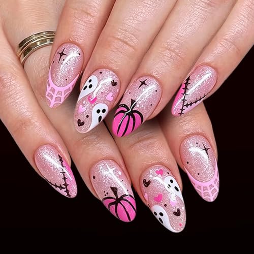 Halloween Press On Nails, Almond Pink Ghost Pumpkin Spiderweb Design - color: style 29