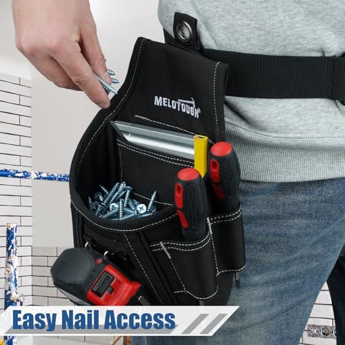 MELOTOUGH Nail and Screw Organizer Bag for Electricians and Carpenters, Tool Belt Pouch with Belt Clip, Heavy Duty Work Fastener Pouch - color: Black