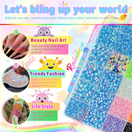 qiipii Light Blue AB Resin Rhinestones w B7000 Glue for Crafting Bedazzling 2mm-6mm Flatback Colorful Jelly Stones Diamonds Gems Bedazzler Kit for Nails Face Eyes Makeup Tumblers Bottles Crafts Shoes - color: Light Blue, size: Jelly