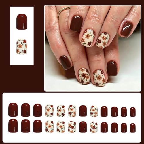 24Pcs Fall press on nails short square fake nails with brown flowers design - color: fallnails11