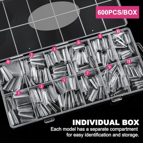 Krofaue 1200PCS Coffin Nail Tips, Clear & Natural Half Cover, 12 Sizes - color: Clear Natural Coffin Half Cover