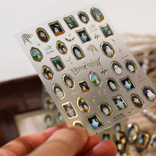 1 Sheet Retro Halloween Nail Stickers 5D Self-Adhesive Engraved Retro Picture Frame Ghost Nail Decals Flower Ghost Pegatinas Uñas Gold Spider Web Bats Nail Supplies for Women Nails Decorations - color: Flower Ghost