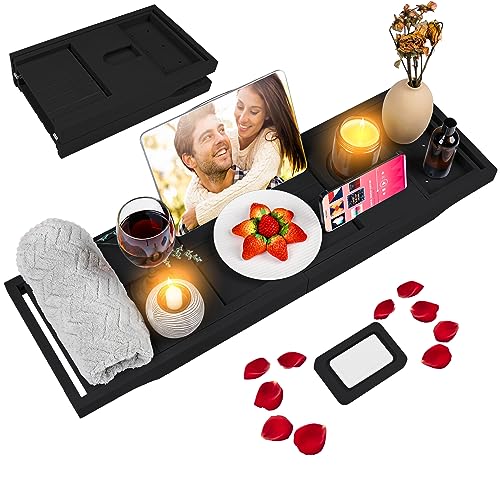 Foldable Bathtub Tray Caddy with Soap Dish Adjustable 29.5-43''Black - color: Black