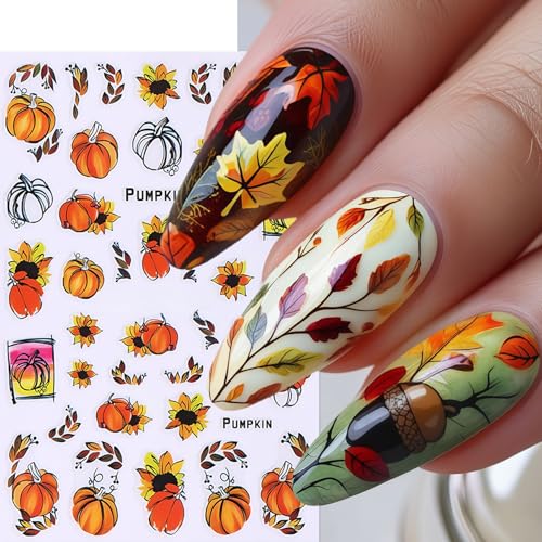 5Sheets Fall Nail Stickers Autumn Maple Leaf Nail Art Stickers 3D Self Adhesive Maple Leaves Nails Decals for Nails Art Thanksgiving Day Nail Decoration Pumpkin Nut Cute Manicure Supplies for Women - style: fall leaves