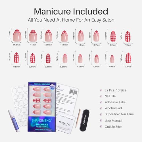 SHANGMENG Press on Nails, Almond Short Red Plaid Mixed French Tip Nails - color: Picnic Time