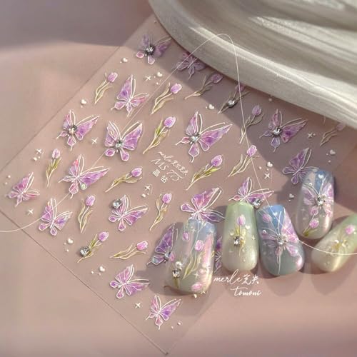 5D Embossed Purple Butterfly Nail Art Stickers with Silver Glitter Rhinestones Nail Decals Design Flower Nails Supply Spring Summer Nail Design Stickers Cute Nail Art Supplies for Women Manicure - style: 5D Embossed Nail Stickers-7