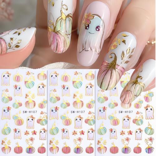 Halloween Pumpkin Nail Art Stickers Gilded Pumpkin Ghost Nail Art Decals 3D Self-Adhesive Glitter Pumpkins Nail Stickers Colorful Ghost Flower Nail Design for Women Thanksgiving Nail Supplies 3 Sheets - color: W12
