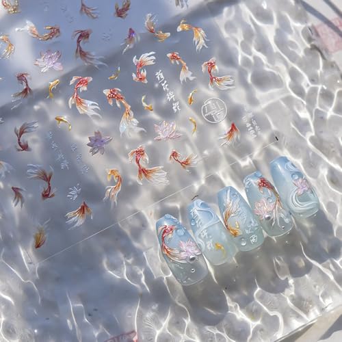 5D Embossed Goldfish Nail Stickers for Nail Art Self-Adhesive Sparkly Koi Fish Nail Design Stickers Koi Lotus Leaf Chinese Style Manicure Decals Spring Flower Nails Art Supplies for Women Decorations - style: 5D Embossed Nail Stickers-9