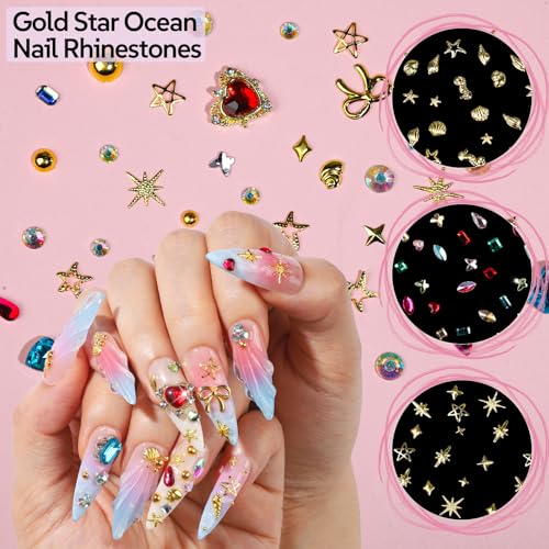 FAMDAMEI Summer Nail Charms, 24 Grids Bedazzling Kit with Rhinestones Ocean Coastal Nail Charms and Gems, 3D Charms Kit with Mermaid Starfish Shell, Gold Pearls Bedazzling Gems for Crafts Nail Art - color: gold pearls shells/white AB pearls starfish/blue
