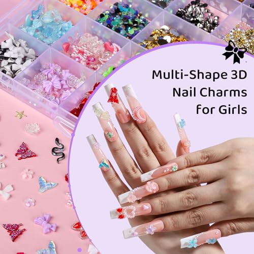 FAMDAMEI 24 Grid Nail Charms, Bedazzling Kit with Multi Shapes Cute Nail Charms and Gems, Colorful Bedazzling Gems Nail Rhinestones Kit, 3D Mermaid Starfish Shell Flower Gold Silver Pearls for DIY - color: blue mermaid starfish/red pink gem/colorful butte