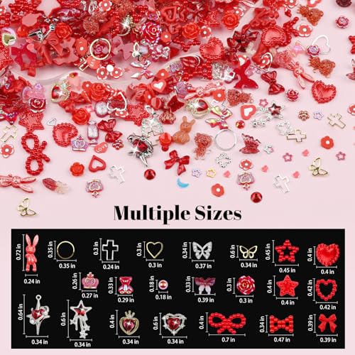 650PCS Cute 3D Resin Nail Charms and Gems Red Flower Bow Butterfly Charms - color: Red