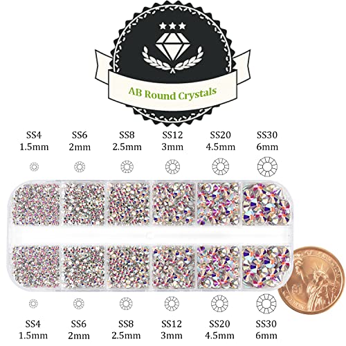 One Pack 2000 Pcs of Flatback Round AB Crystal Rhinestones 6 Sizes (1.5-6 mm) with Nail Art Rhinestone Picker Pencil and Tweezer for DIY and Salon Use - color: 1 Pack - AB