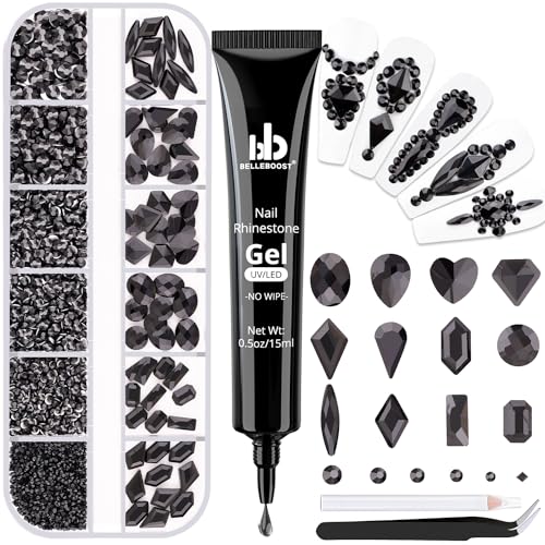 2060Pcs Black Glass Nail Rhinestones 60Pcs Multi Shapes Flatback Nail Gems + 2000Pcs 1.5-4mm Round Crystal with Rhinestones Glue Gel, Manicure Nail Charms Diamond Gemstones for Nail Art - color: 27 Black Crystal+ glue, size: 1 pack