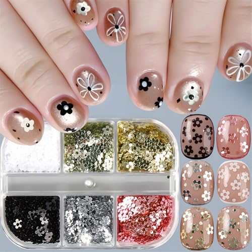 6 Colors Five-petaled Flower Nail Sequins Nail Glitter for Nails Design Fingernail Art Glitters Decorations 3D Fingernail Art Sequins for Women Floral Nails Accessories Manicure Embellishments