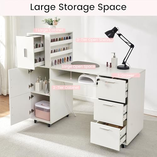 Manicure Table Nail Desk for Nail tech, 56 Inch Beauty Nail Table w/3 Cabinet+3 Drawers+3 Layers Open Cabinet+1 Open Drawer + 1 Power Outlet for Professional Salon Manicure Workstation
