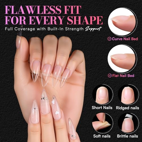 Makartt Medium Sharp Almond Nail Tips: Hybrid Almondetto Shape, 15 Sizes Clear Full Cover Fake Nails Extension, 504PCS Half Matte Soft Gel Tips for DIY Nail Lovers, Press-on Creators, Salon Supplies - size: Long