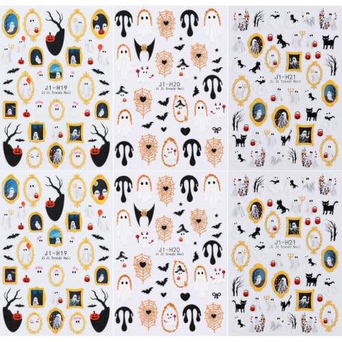 Halloween Nail Art Stickers Cute Ghost Black Cat Gold Nail Decals, 6 Sheets - color: Multicolor-05