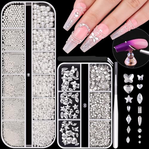 Nail Beads and Flatback White Pearls for Nails 3D Nail Charms and Gems - color: 06 2 Boxes Nail Art Decos Set 36