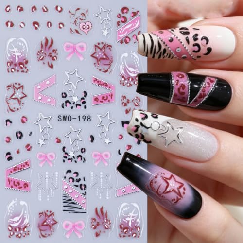 Halloween Gothic Nail Stickers Hollow Star Self-Adhesive Nail Decals 5D Embossed French Tip Nail Art Stickers Y2K Pink Bow Nail Design Stickers Leopard Print Goth Nail Decorations for Women DIY 2Pcs - style: Halloween-5